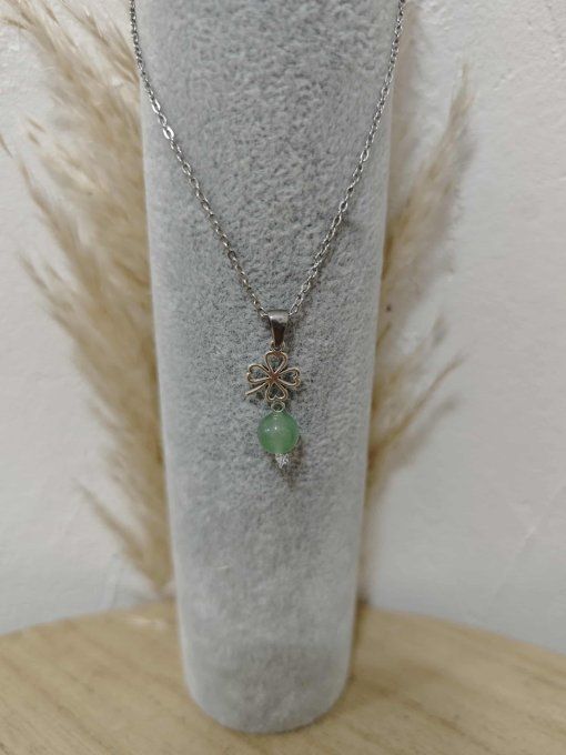 COLLIER PENDENTIF TREFLE AVENTURINE VERTE 8 mm
