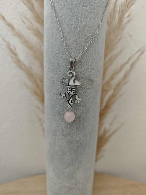 COLLIER PENDENTIF SALAMANDRE QUARTZ ROSE 8mm