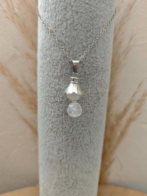 PENDENTIF CLOCHE FLORALE SELENITE ET CRISTAL DE ROCHE