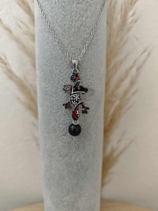 COLLIER PENDENTIF SALAMANDRE SPINEL NOIRE 8 mm