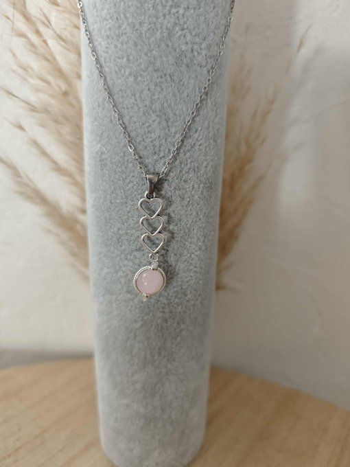 COLLIER PENDENTIF 3 COEURS AVEC QUARTZ ROSE