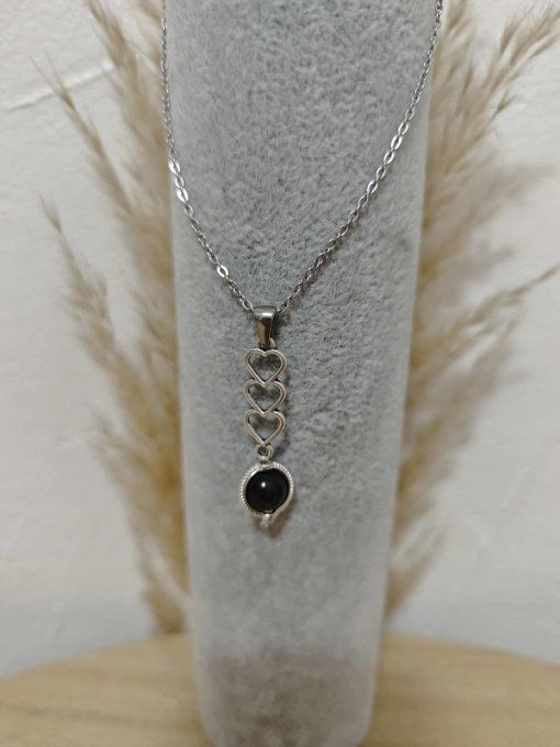 COLLIER PENDENTIF 3 COEURS AVEC GOLD OBSIDIENNE 8 mm
