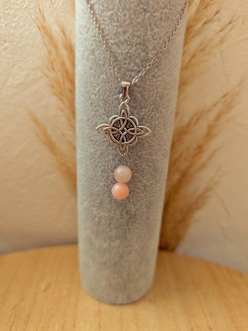 COLLIER PENDENTIF NOEUD DE SORCIERE AVENTURINE ROSE 8mm