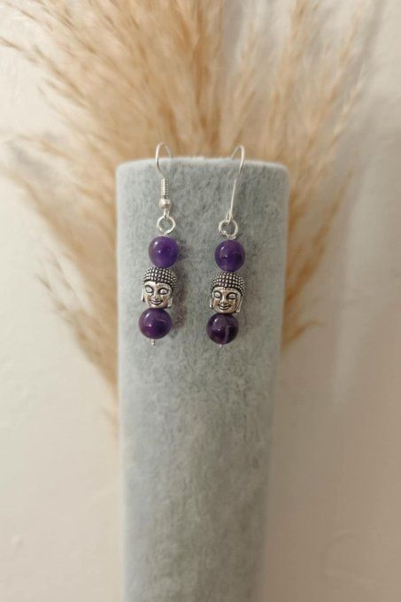 BOUCLE D'OREILLE AMETHYSTE 8mm TÊTE DE BOUDDHA
