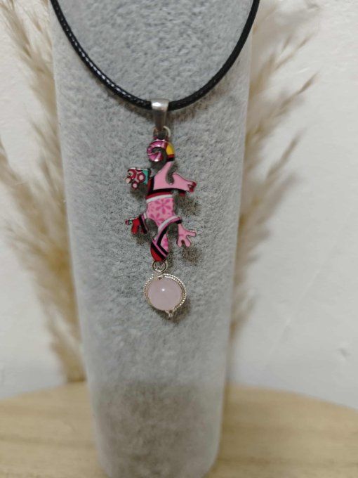 COLLIER PENDENTIF SALAMANDRE QUARTZ ROSE 8mm
