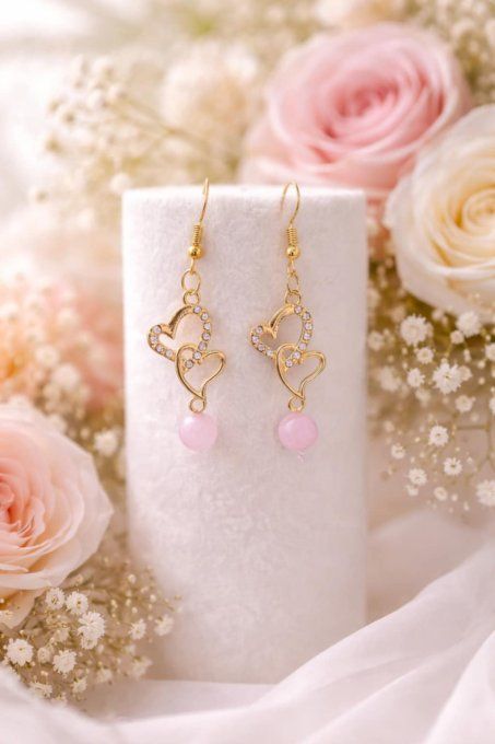BOUCLE D'OREILLE QUARTZ ROSE AVEC COEUR